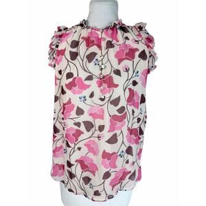 KATE SPADE 100% Silk Chiffon Blouse - Matte Floral Ruffle Top - Size S - MINT